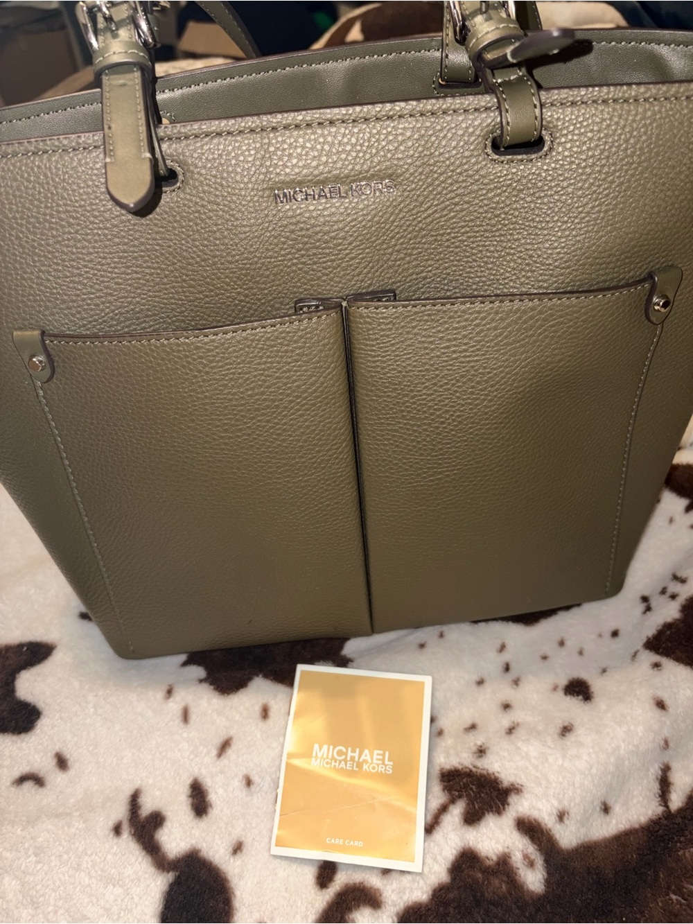 Michael Kors Olive Pebbled Leather Double Pocket Tote - Picture 3 of 4